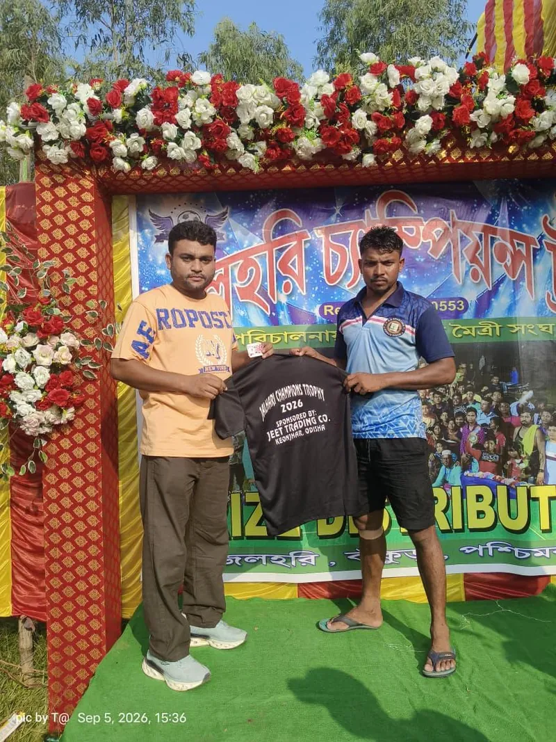 Players receiving a Jeet Trading Co.-branded jersey at the Jalhari Champions Trophy 2026 prize distribution