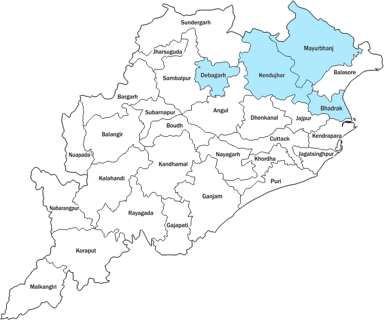 Map of Odisha with Kendujhar (Keonjhar), Mayurbhanj, Debagarh (Deogarh) and Bhadrak districts highlighted