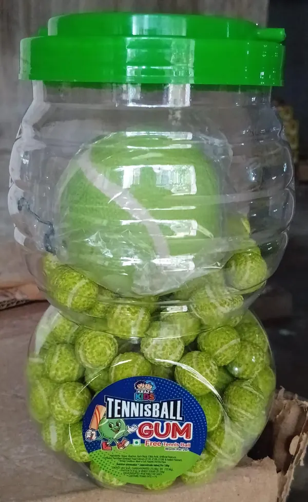 Krazy Kids Tennisball Gum jar with a free real tennis ball
